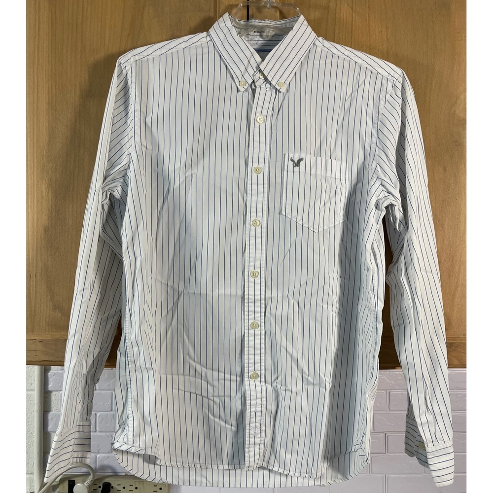 American Eagle Button Down Shirt Men Medium White Blue Stripe Athletic Fit